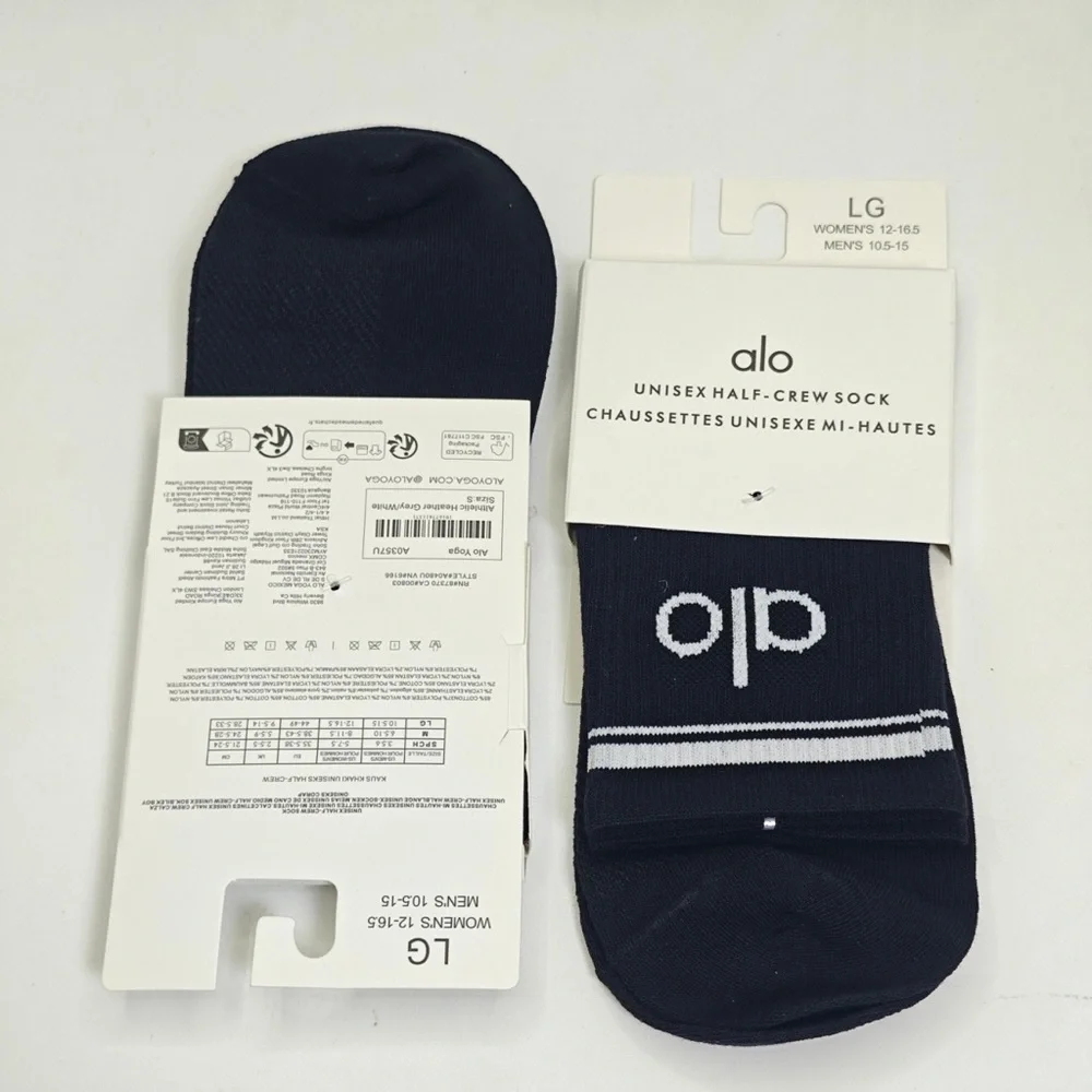 ALO Yoga Black Half-Crew Socks with White Logo and Stripes